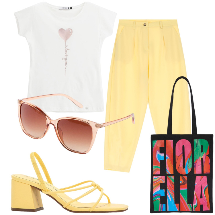 Outfit donna - Offduty. Stile Casual per Tutti i giorni. Abbinamento con sandali col tacco, occhiali da sole, t-shirt, pantaloni, borse tote.