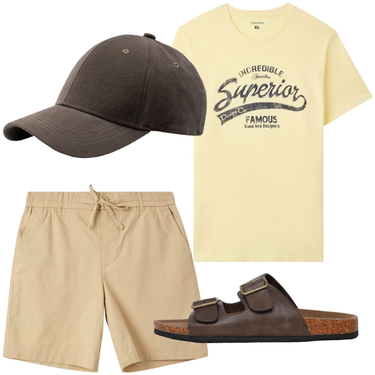 Outfit uomo - Colori solari: giallo, terracotta. Stile Casual per Mare. Abbinamento con t-shirt, pantaloni corti, sandali, cappelli con visiera.
