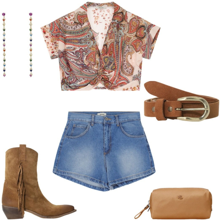 Outfit donna - Una serata estiva. Stile Boho per Tutti i giorni. Abbinamento con orecchini, top, shorts, stivali, cinture, pochette.