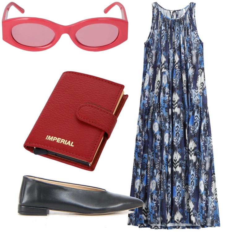 Outfit donna - Rosso e blu. Stile Urban per Tutti i giorni. Abbinamento con vestiti lunghi, portafogli, occhiali da sole, ballerine.