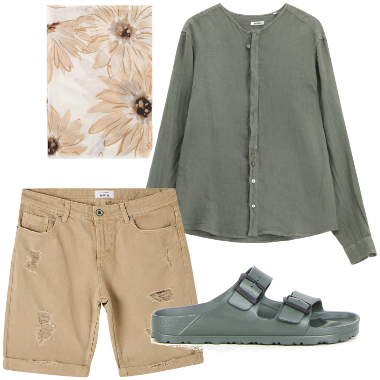 Outfit uomo - Colori solari: giallo, terracotta e verd. Stile Trendy per Tutti i giorni. Abbinamento con bermuda, camicie, sciarpe e foulard, sandali.