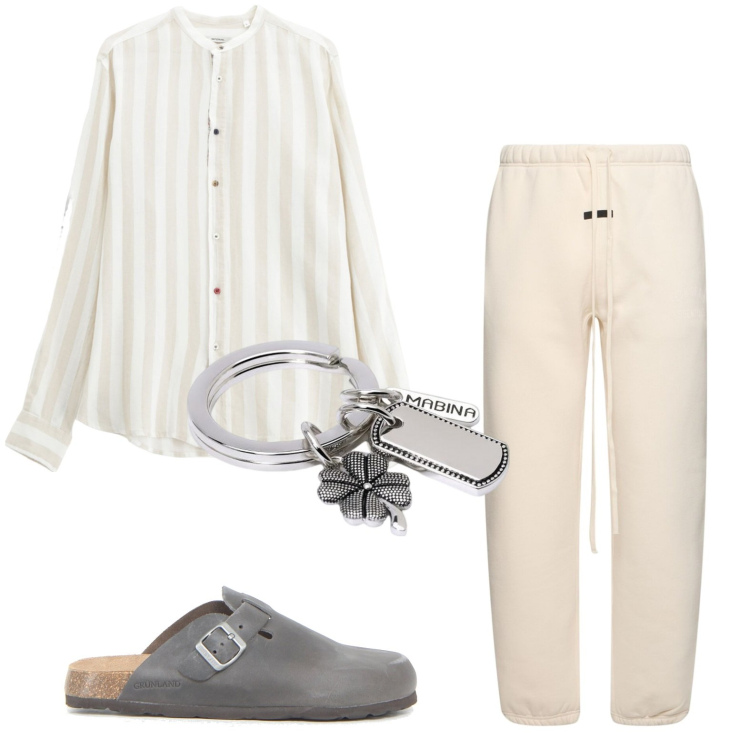 Outfit uomo - Pantaloni coulisse in cotone o lino. Stile Casual per Serata speciale. Abbinamento con portachiavi, camicie, pantaloni, sandali.