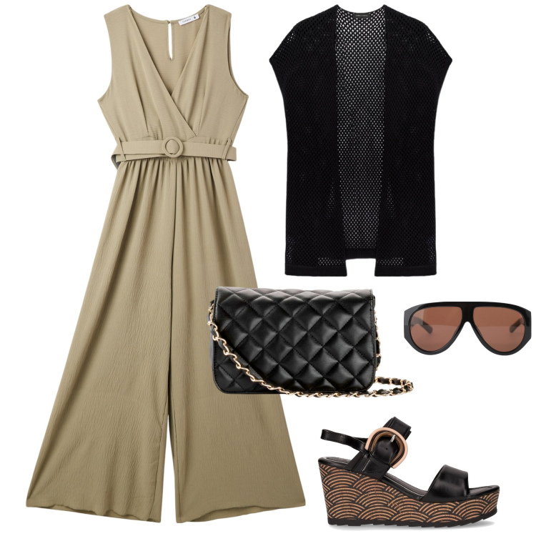 Outfit donna - Luglio. Stile Urban per Tutti i giorni. Abbinamento con borse a tracolla, tute, occhiali da sole, cardigans, sandali col tacco.