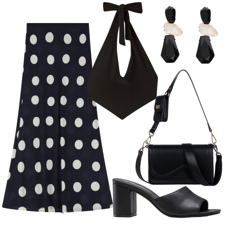 Outfit donna - Bianchi pois. Stile 70s per Tutti i giorni. Abbinamento con ciabatte, top, pochette, gonne lunghe, orecchini.