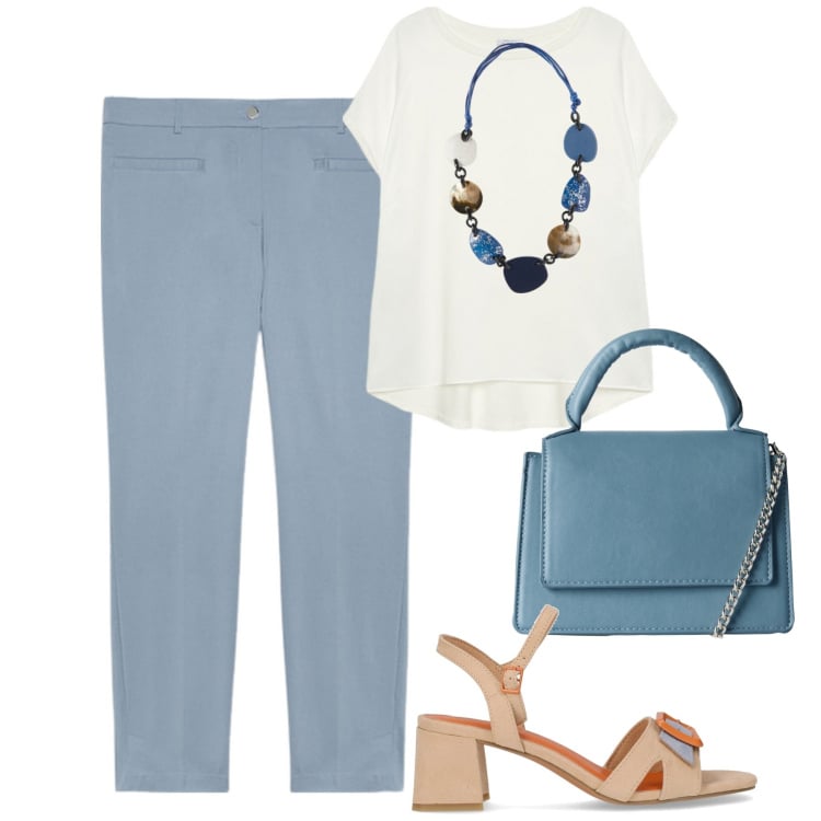Outfit donna - Fiorella Rubino. Stile Urban per Tutti i giorni. Abbinamento con borse a tracolla, pantaloni chino, sandali col tacco, bluse, collane.