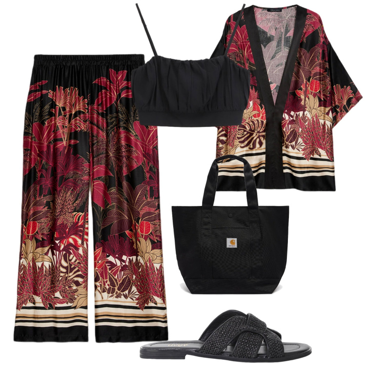 Outfit donna - Al mare. Stile Casual chic per Mare. Abbinamento con top, sandali, pantaloni, kimono, borse tote.