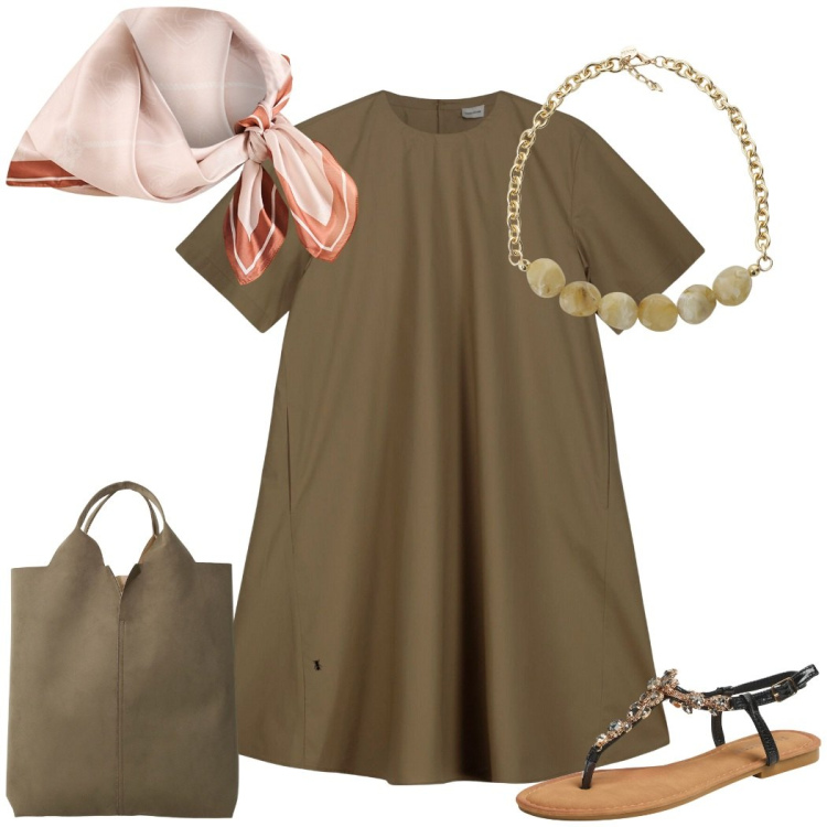 Outfit donna - Verde oliva. Stile Glamour per Tutti i giorni. Abbinamento con collane, shopping bag, sandali gioiello, foulard, vestiti corti.