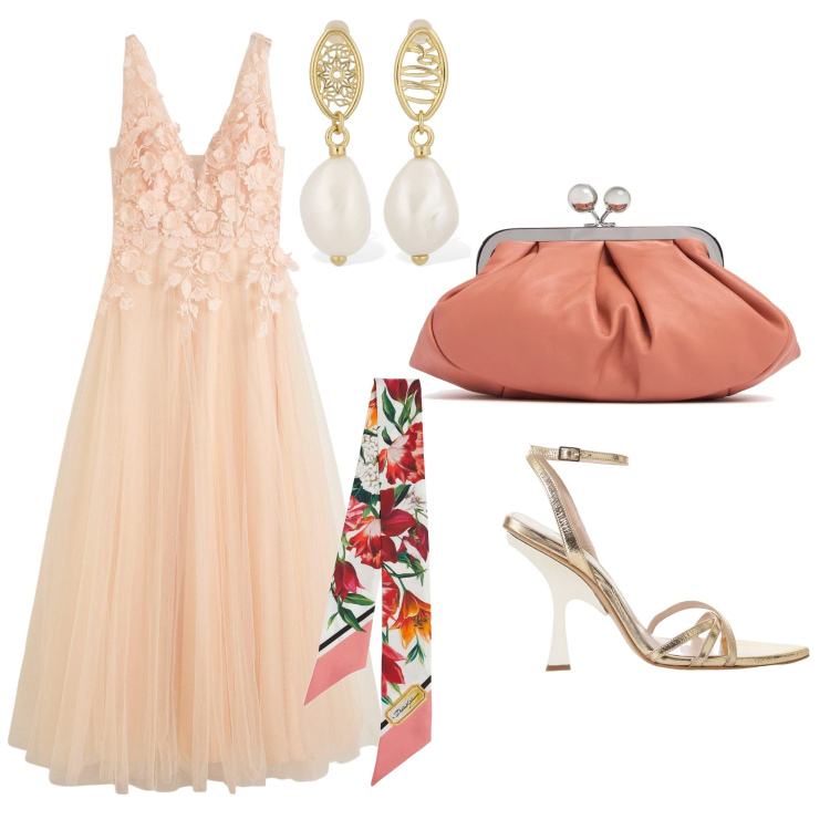 Outfit donna - Delicata pesca. Stile Glamour per Serata fuori. Abbinamento con vestiti lunghi, sandali col tacco, foulard, orecchini, pochette.