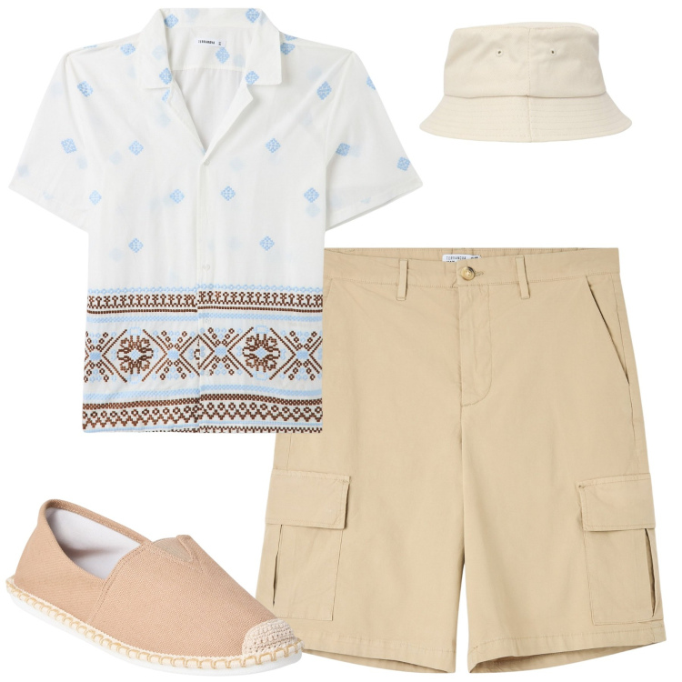 Outfit uomo - Luglio. Stile Casual per Tutti i giorni. Abbinamento con espadrillas, camicie a manica corta, cappelli, bermuda.