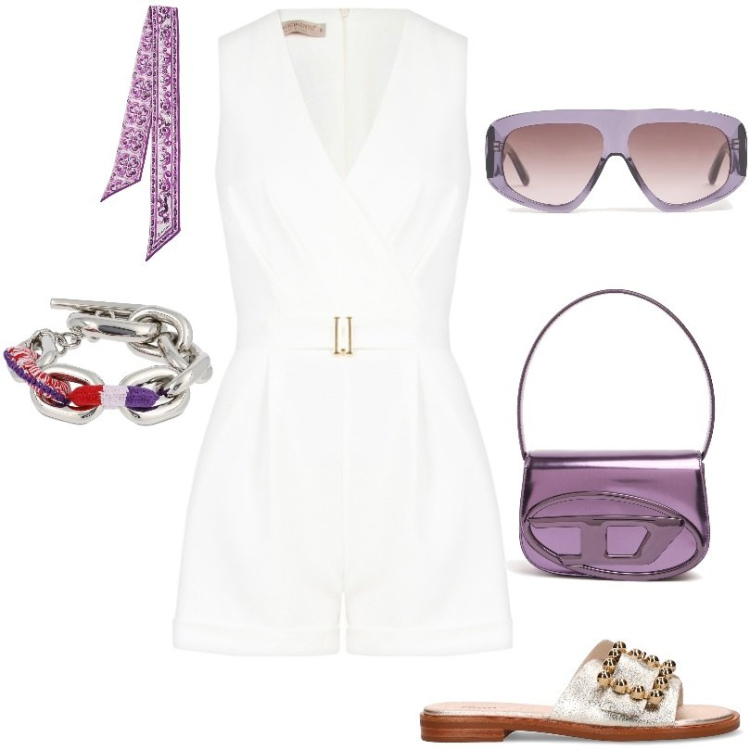Outfit donna - Tuta fit bianca. Stile Casual chic per Tutti i giorni. Abbinamento con tuta corta, borse a spalla, braccialetti, ciabatte, occhiali da sole, foulard.