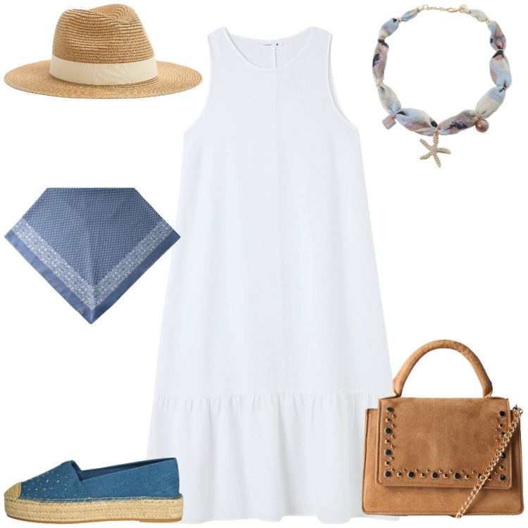Outfit donna - Espadrillas in vacanza. Stile Glamour per Mare. Abbinamento con borse a tracolla, espadrillas, cappelli, vestiti lunghi, collane, foulard.