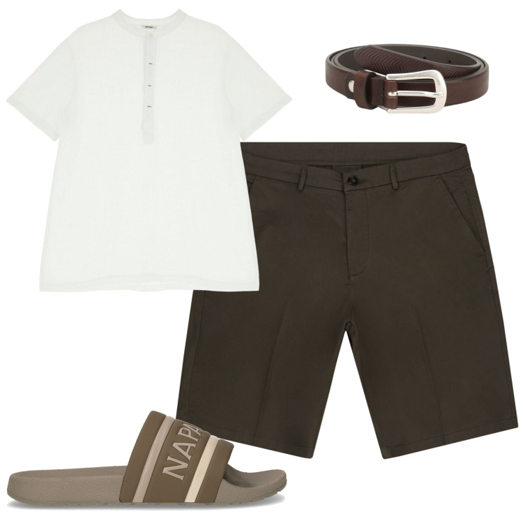 Outfit uomo - City. Stile Casual per Tutti i giorni. Abbinamento con cinture, t-shirt, bermuda, sandali.