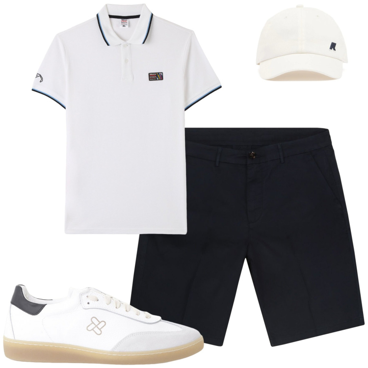 Outfit uomo - Luglio. Stile Urban per Tutti i giorni. Abbinamento con polo, sneakers, bermuda, cappelli.