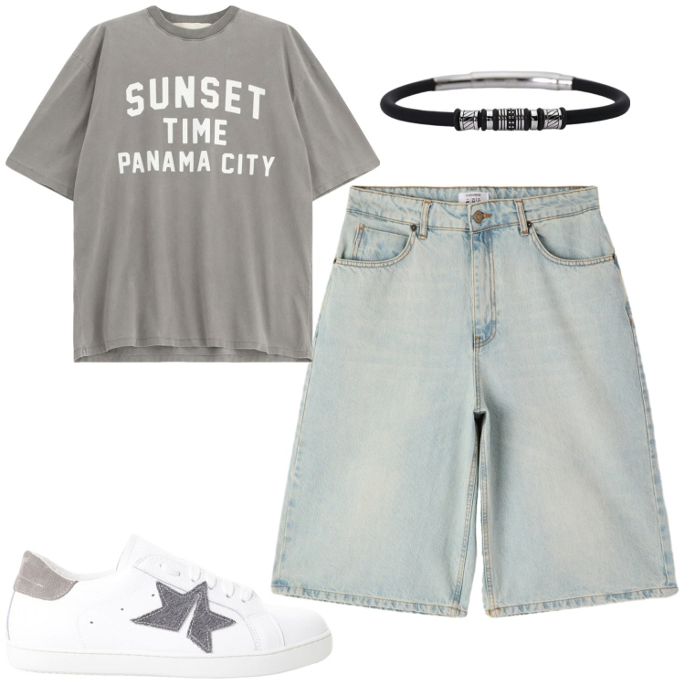 Outfit uomo - Luglio. Stile Casual per Tutti i giorni. Abbinamento con bermuda, braccialetti, sneakers, t-shirt.