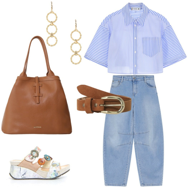 Outfit donna - Estate in denim. Stile Trendy per Tutti i giorni. Abbinamento con camicie, jeans, borse tote, cinture, orecchini, ciabatte.
