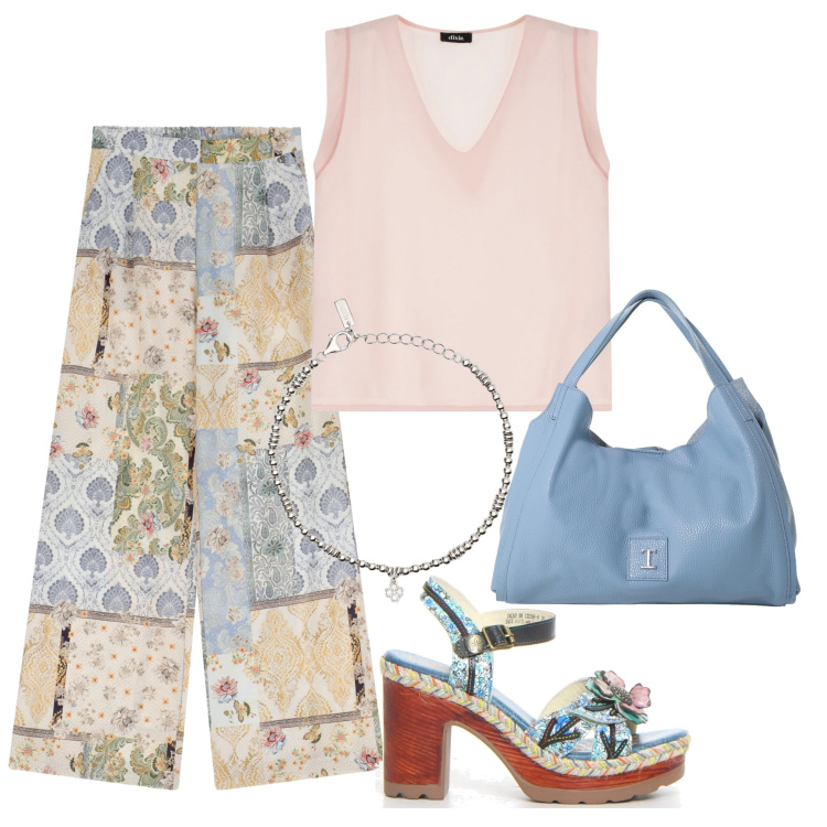 Outfit donna - Dixie Summer 3. Stile Casual per Tutti i giorni. Abbinamento con braccialetti con ciondoli, pochette, pantaloni, top, sandali col tacco.