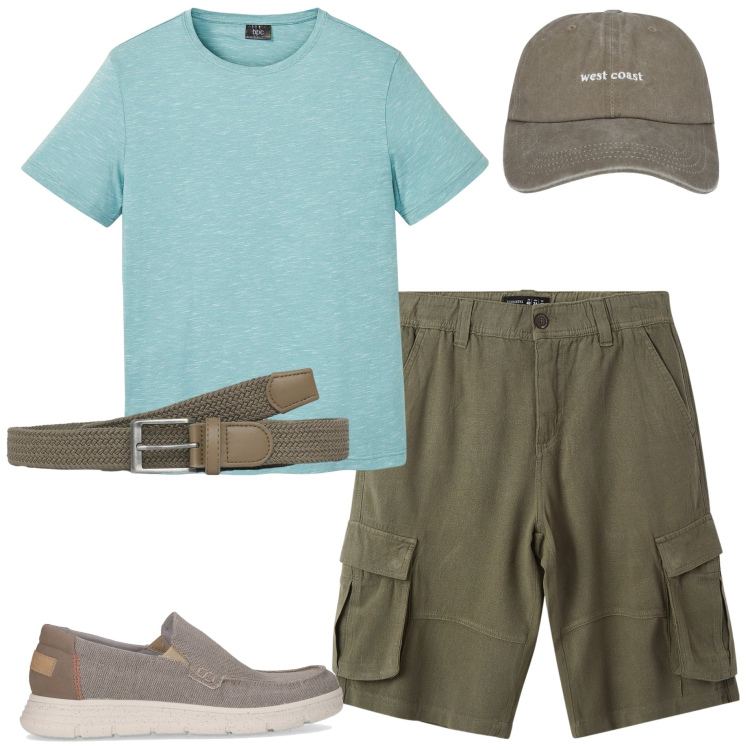 Outfit uomo - Giro in bici. Stile Casual per Sport. Abbinamento con t-shirt, bermuda, cappelli, cinture, sneakers.