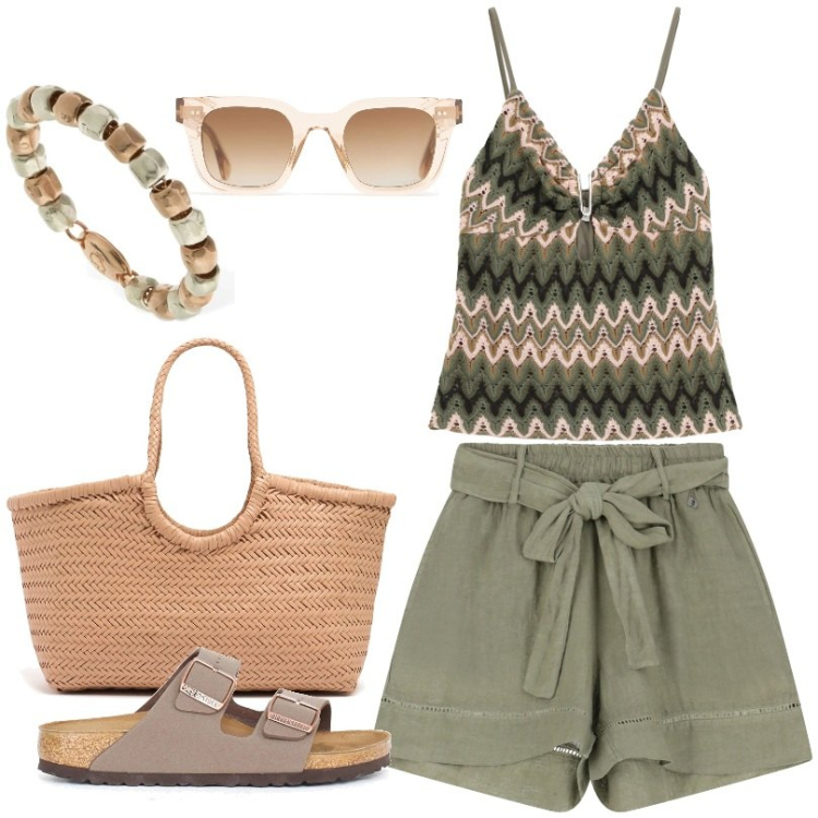 Outfit donna - Total look #2202877. Stile Casual per Tutti i giorni. Abbinamento con shorts, top, anelli, shopping bag, occhiali da sole, ciabatte.