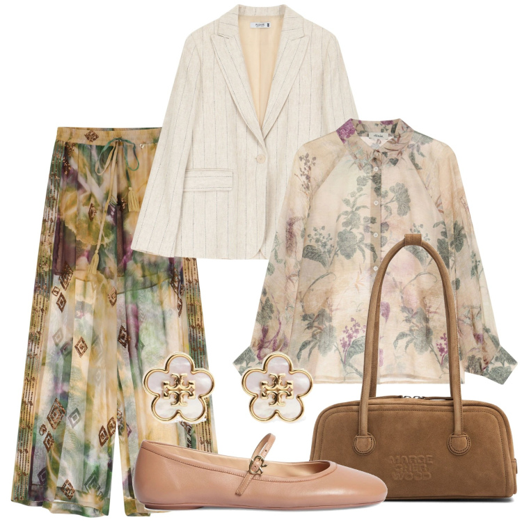 Outfit donna - Rientro in ufficio. Stile Trendy per Ufficio. Abbinamento con blazer, pantaloni a palazzo, camicie, orecchini, borse a spalla, ballerine.