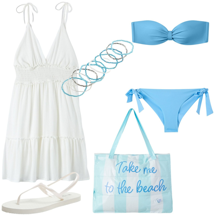 Outfit donna - Take me to the beach. Stile Glamour per Mare. Abbinamento con braccialetti, borse tote, bikini, sandali, vestiti, bikini.