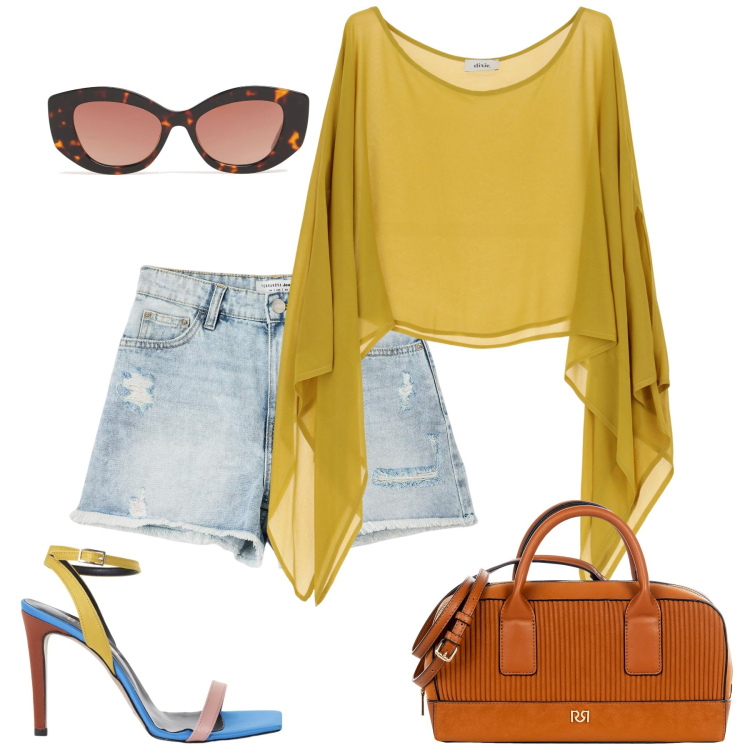 Outfit donna - Alternativa trendy. Stile Trendy per Serata fuori. Abbinamento con shorts, borse a mano, camicie, sandali col tacco, occhiali da sole.