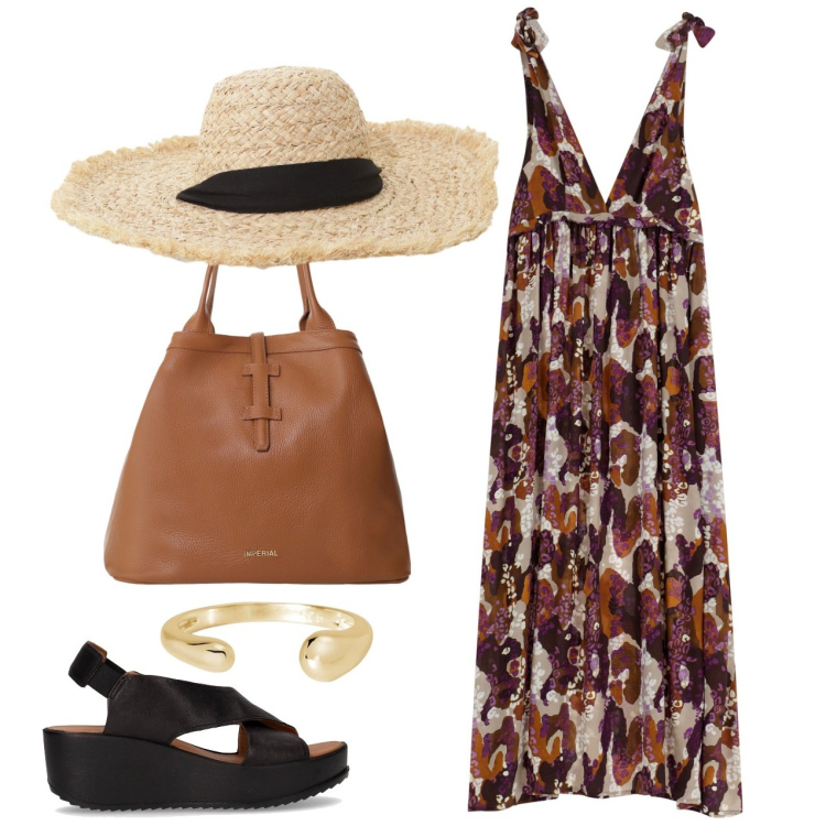 Outfit donna - Romantica. Stile Romantica per Tutti i giorni. Abbinamento con anelli, borse tote, cappelli, vestiti lunghi, sandali.