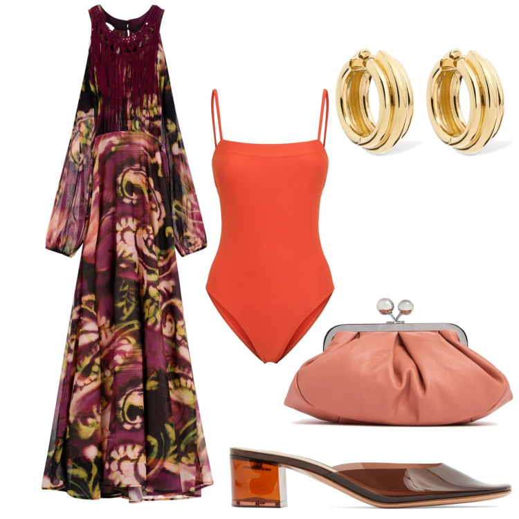 Outfit donna - Serate in riva al mare. Stile Chic per Mare. Abbinamento con vestiti lunghi, pochette, costumi interi, pantofole, orecchini.