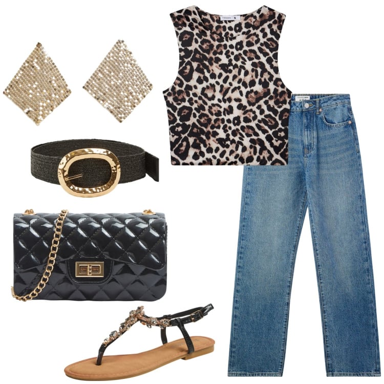 Outfit donna - Perfetta con Terranova. Stile Glamour per Serata fuori. Abbinamento con top, borse a tracolla, cinture, jeans dritti, sandali gioiello, orecchini.