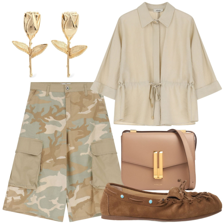 Outfit donna - Trendy a Parigi. Stile Trendy per Tutti i giorni. Abbinamento con bermuda, camicie, mocassini, borse a spalla, orecchini.