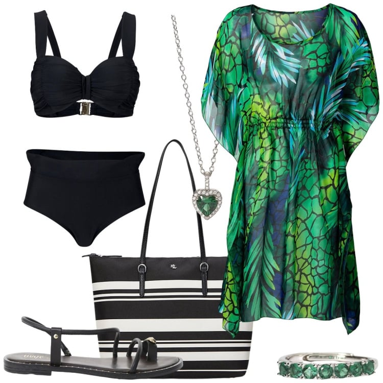 Outfit donna - In costume, con carattere. Stile Casual chic per Mare. Abbinamento con bikini, vestiti da spiaggia, anelli, ciondoli, sandali, borse tote.
