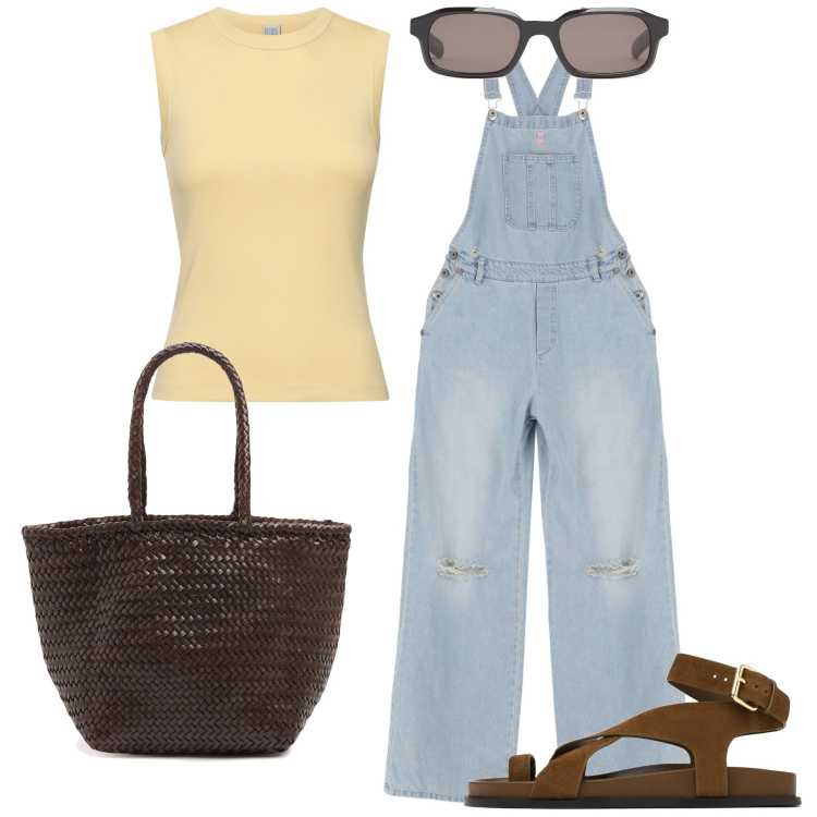 Outfit donna - La salopette. Stile Casual per Tutti i giorni. Abbinamento con salopette, canottiere, sandali in pelle, borse a secchiello, occhiali da sole.