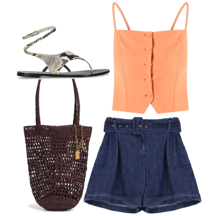 Outfit donna - Shorts. Stile Casual per Tutti i giorni. Abbinamento con canottiere, shorts, borse a spalla, sandali in pelle.