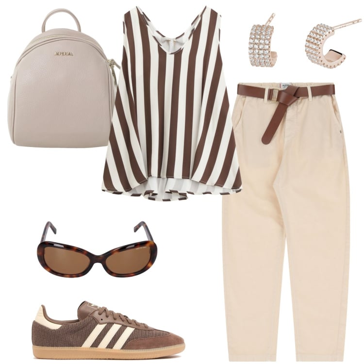 Outfit donna - A righe in città. Stile Casual chic per Ufficio. Abbinamento con orecchini, pantaloni chino, top, zaini, sneakers, occhiali da sole.