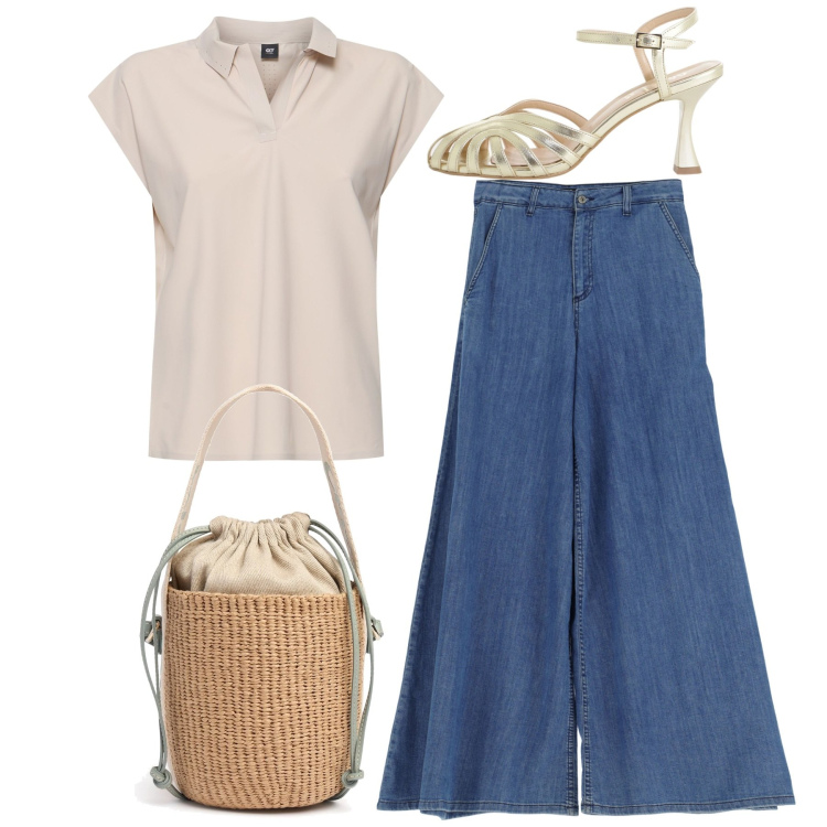 Outfit donna - I pantapalazzo esagerati. Stile Casual chic per Tutti i giorni. Abbinamento con jeans, sandali col tacco, polo, borse a secchiello.
