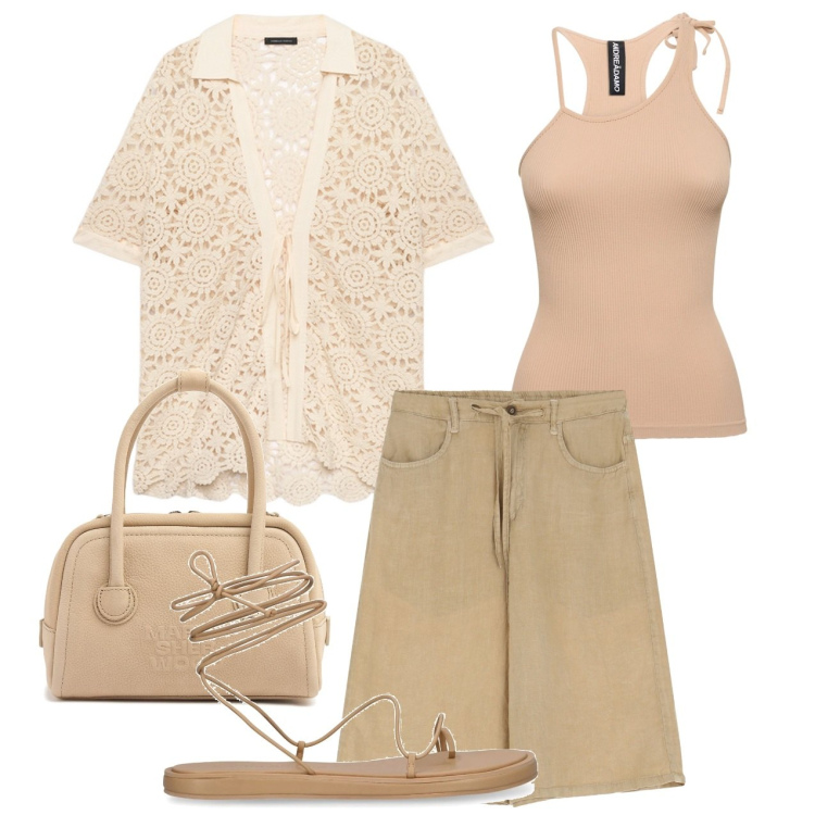 Outfit donna - Ecrù. Stile Casual chic per Tutti i giorni. Abbinamento con shorts, camicie a manica corta, sandali in pelle, canottiere, borse a mano.