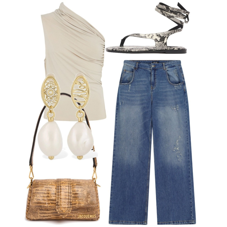 Outfit donna - Monospalla avorio. Stile Casual chic per Tutti i giorni. Abbinamento con jeans strappati, orecchini, borse a spalla, top, sandali col tacco.