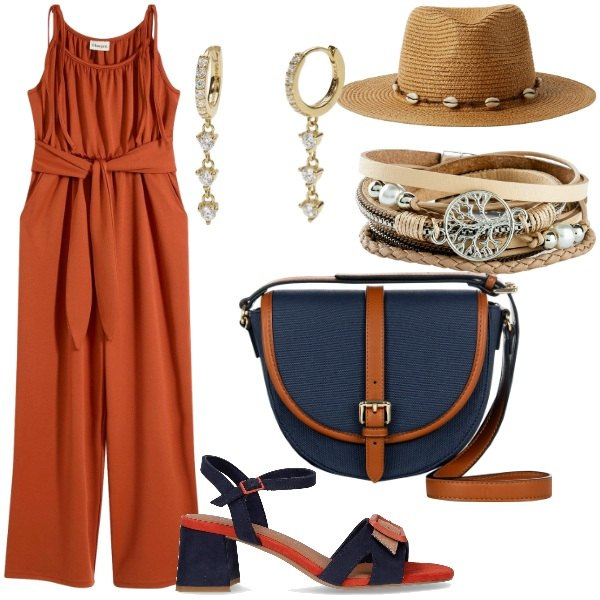 Outfit donna - Jumpsuit Curvy estate 2025. Stile Glamour per Tutti i giorni. Abbinamento con braccialetti, tute, cappelli, orecchini, borse a tracolla, sandali col tacco.
