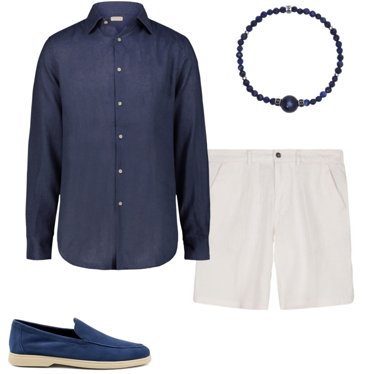 Outfit uomo - Casual style. Stile Urban per Tutti i giorni. Abbinamento con braccialetti, camicie, bermuda, scarpe stringate.