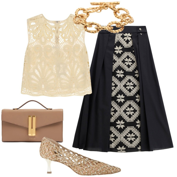 Outfit donna - Cerimonia elegante. Stile Chic per Cerimonia. Abbinamento con top, décolleté, gonne lunghe, braccialetti, pochette.