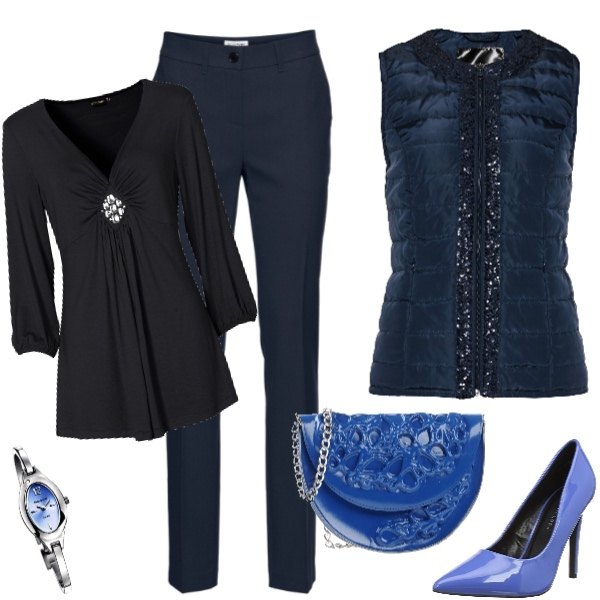 Outfit donna - Nero e blu. Stile Rock per Serata fuori. Abbinamento con pantaloni, maglia con strass scollatura con arricciature, gilet con paillettes, borsa mini in pelle sintetica tinta unita, scarpe col tacco pianta larga blu, orologio analogico con cinturino argento.