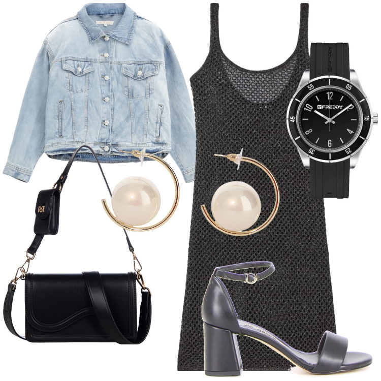 Outfit donna - Appuntamento. Stile Glamour per Serata fuori. Abbinamento con vestiti, pochette, blazer, orologi, orecchini, sandali col tacco.
