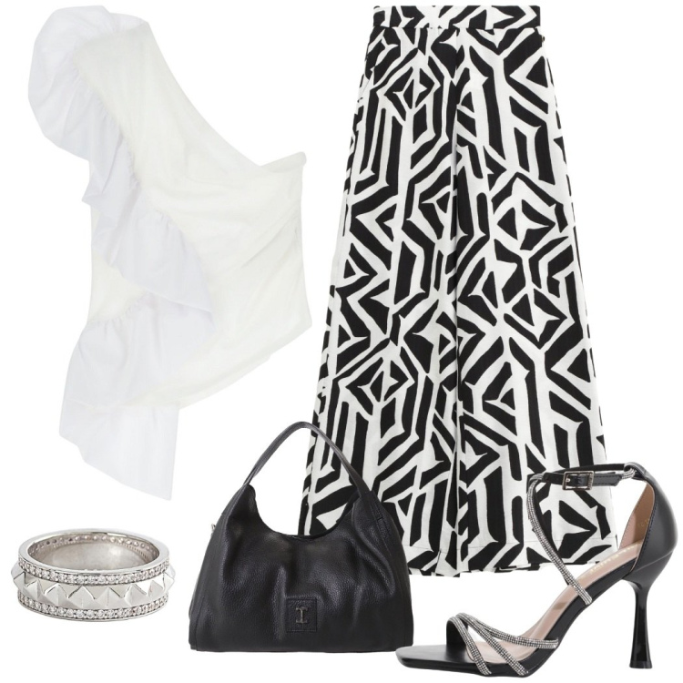 Outfit donna - Top asimmetrico per catturare attenzione. Stile Etnico per Serata fuori. Abbinamento con anelli, top, sandali col tacco, pantaloni, pochette.