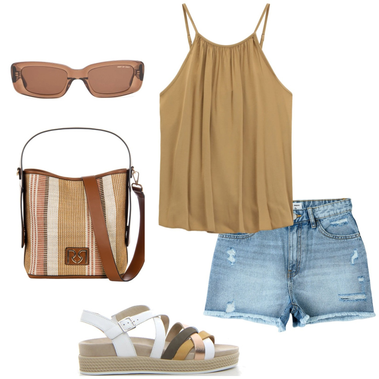 Outfit donna - Giornate movimentate. Stile Casual per Tutti i giorni. Abbinamento con shorts, borse a secchiello, top, occhiali da sole, sandali.
