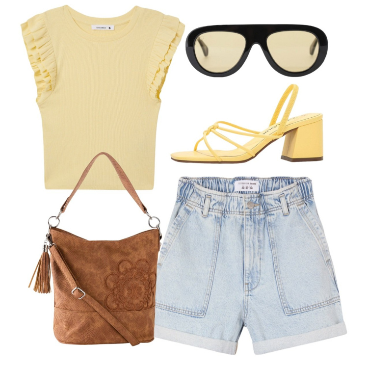 Outfit donna - Weekend. Stile Basic per Tutti i giorni. Abbinamento con sandali col tacco, borse a mano, t-shirt, shorts, occhiali da sole.