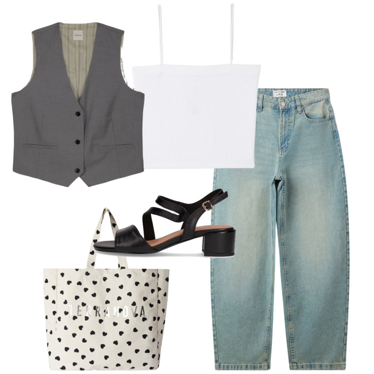 Outfit donna - Gilet trendy. Stile Trendy per Tutti i giorni. Abbinamento con canottiere, borse tote, jeans, gilet, sandali col tacco.