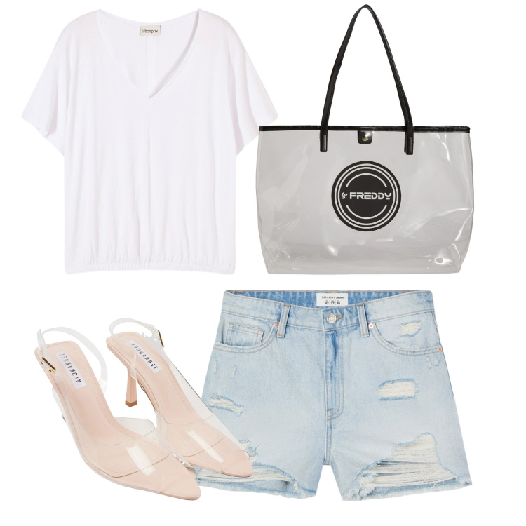 Outfit donna - Elementi in plastica. Stile Urban per Tutti i giorni. Abbinamento con t-shirt, sandali col tacco, shorts, shopping bag.