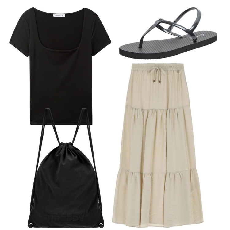 Outfit donna - Semplicemente. Stile Casual per Tutti i giorni. Abbinamento con sandali, t-shirt, gonne lunghe, zaini.