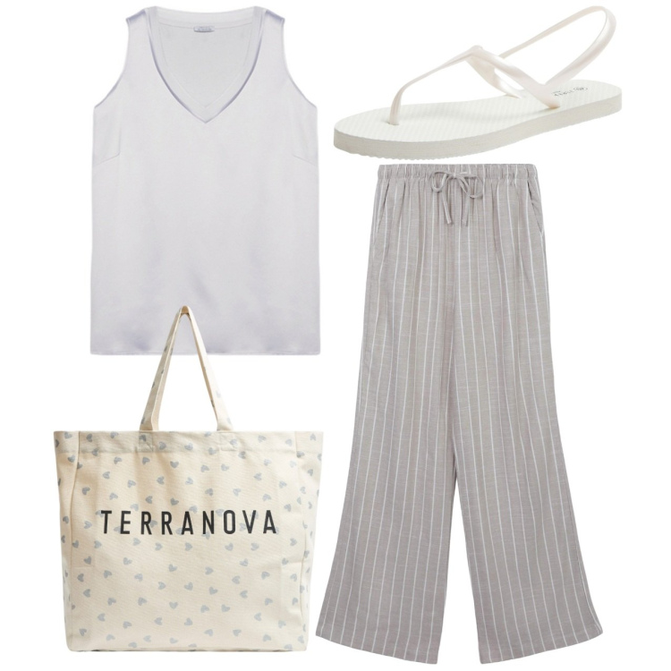 Outfit donna - In città. Stile Basic per Tutti i giorni. Abbinamento con pantaloni, sandali, shopping bag, top.
