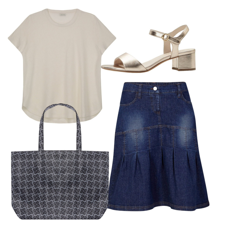 Outfit donna - La gonna denim. Stile Bon Ton per Tutti i giorni. Abbinamento con gonne, sandali col tacco, shopping bag, t-shirt.