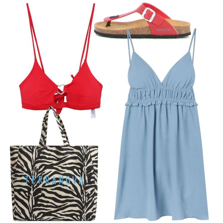 Outfit donna - Al mare. Stile Bon Ton per Mare. Abbinamento con borse tote, vestiti corti, bikini, infradito.